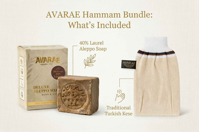Avaraé Hamam Ritüeli Seti — Kese + Halep Sabunu %40 Defne