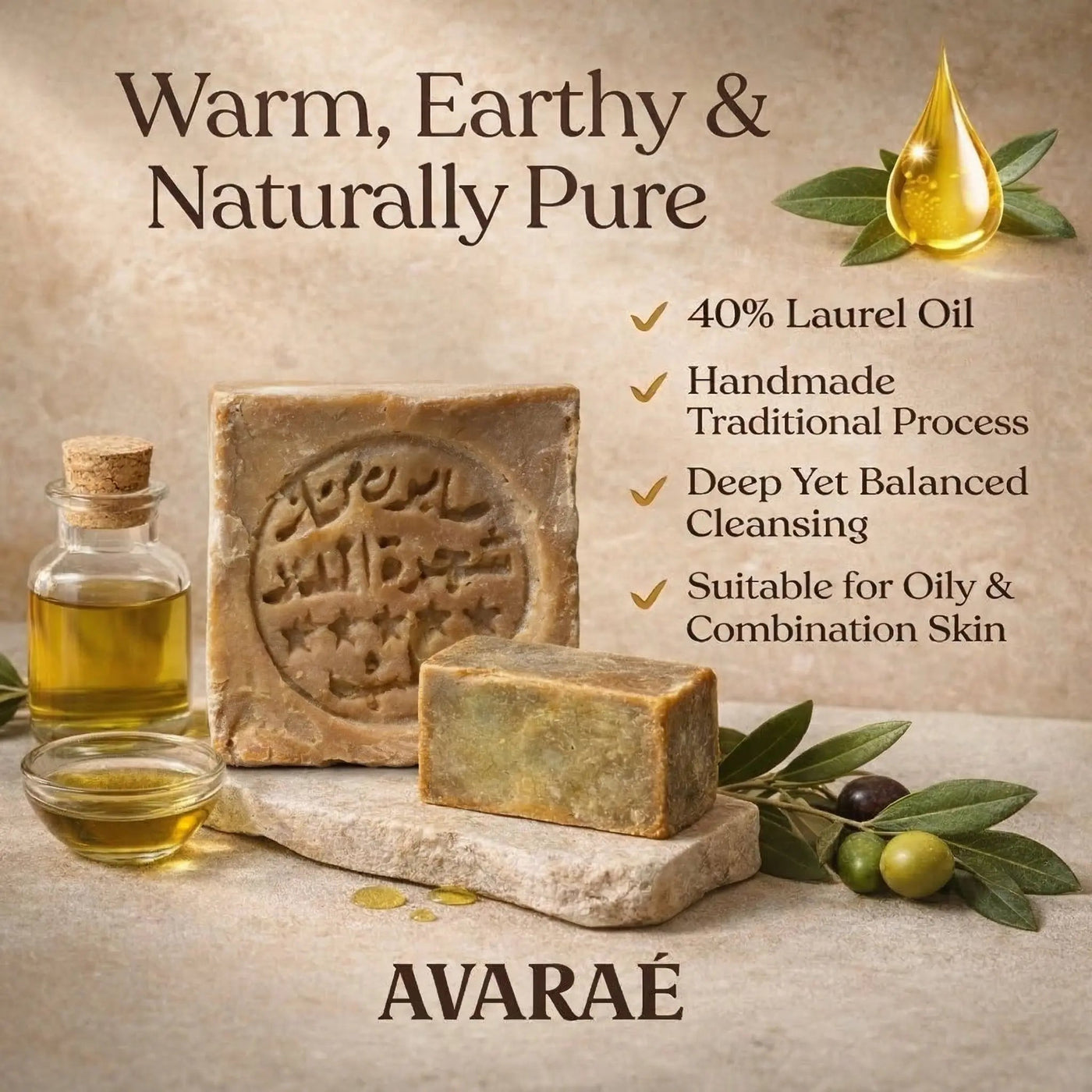Avaraé Deluxe Halep Sabunu 6'lı Paket — %40 Defne Yağı · 6 × 150 g